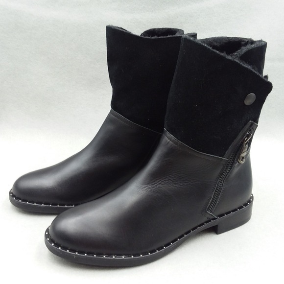 Fabianelli Black Shearling Suede Side Zip Studded Ankle Boots Women's 8‎ Italy - Picture 1 of 13